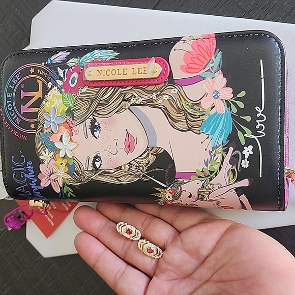 Nicole Lee Black Wallet with Colorful Floral Design and a Pair of Earrings - Picture 1 of 10
